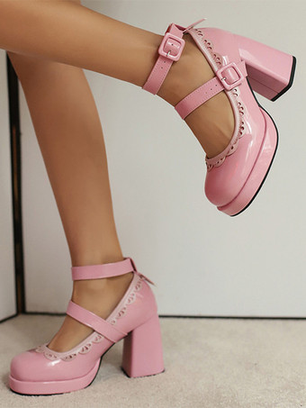 ピンク スウィートロリータシューズ エクリュ ホワイトパイピング パテントレザー チャンキーヒール ロリータシューズ