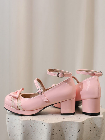 ピンク スウィートロリータシューズ　バイオレットリボンレース　パテントレザー　チャンキーヒール　ロリータパンプス