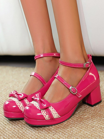 スウィートロリータシューズ　バイオレットリボンレース　パテントレザー　チャンキーヒール　ロリータパンプス