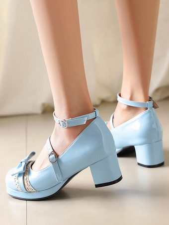 スウィートロリータシューズ　バイオレットリボンレース　パテントレザー　チャンキーヒール　ロリータパンプス