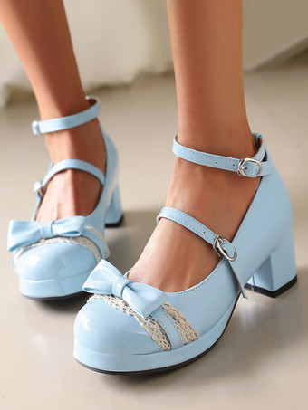 ライトスカイブルースウィートロリータシューズ　バイオレットリボンレース　パテントレザー　チャンキーヒール　ロリータパンプス