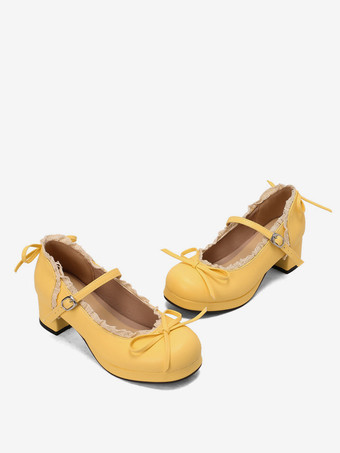 スウィートロリータ メリージェーンシューズ イエローリボン PUレザー チャンキーヒール ロリータシューズ