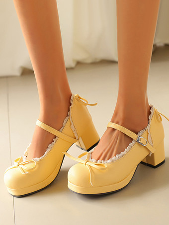 イエロースウィートロリータ メリージェーンシューズ イエローリボン PUレザー チャンキーヒール ロリータシューズ