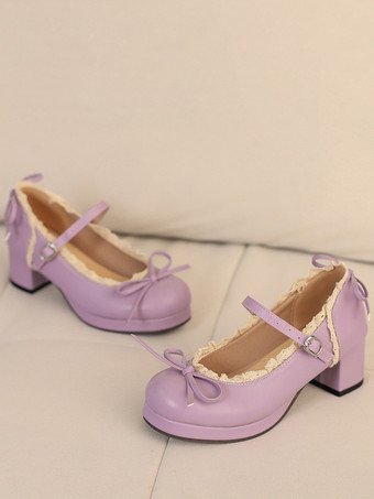バイオレットスウィートロリータ メリージェーンシューズ イエローリボン PUレザー チャンキーヒール ロリータシューズ