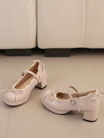 ピンク スウィートロリータ メリージェーンシューズ イエローリボン PUレザー チャンキーヒール ロリータシューズ