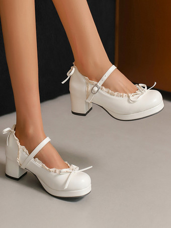 スウィートロリータ メリージェーンシューズ イエローリボン PUレザー チャンキーヒール ロリータシューズ