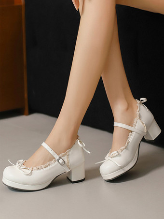 ホワイト スウィートロリータ メリージェーンシューズ イエローリボン PUレザー チャンキーヒール ロリータシューズ