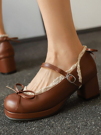 ブラウンスウィートロリータ メリージェーンシューズ イエローリボン PUレザー チャンキーヒール ロリータシューズ