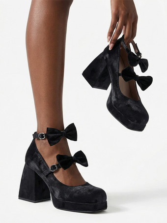 スウィートロリータシューズ ダークグリーンリボン マイクロスエードアッパー チャンキーヒール ロリータパンプス