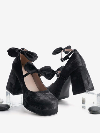 ブラック スウィートロリータシューズ ダークグリーンリボン マイクロスエードアッパー チャンキーヒール ロリータパンプス