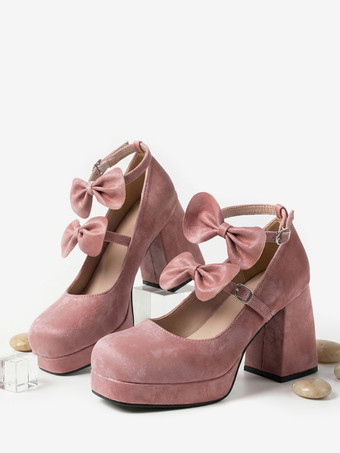 ピンク スウィートロリータシューズ ダークグリーンリボン マイクロスエードアッパー チャンキーヒール ロリータパンプス