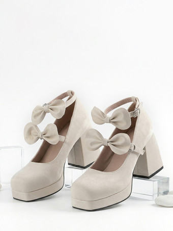 アイボリー スウィートロリータシューズ ダークグリーンリボン マイクロスエードアッパー チャンキーヒール ロリータパンプス