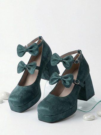 スウィートロリータシューズ ダークグリーンリボン マイクロスエードアッパー チャンキーヒール ロリータパンプス