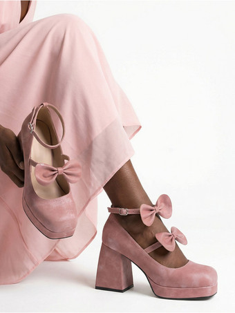 スウィートロリータシューズ ダークグリーンリボン マイクロスエードアッパー チャンキーヒール ロリータパンプス