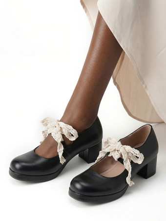 ブラック スウィートロリータ メリージェーンシューズ パープルリボン レースストラップ パテントレザー チャンキーヒール ロリータパンプス