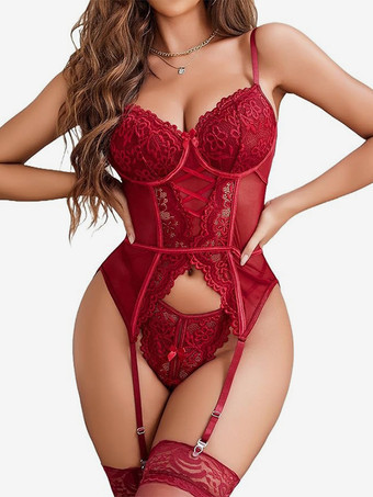 ワインレッド ランジェリー コルセット レースアップ ダークネイビー メッシュ レース ビスチェ ニーハイソックス付き
