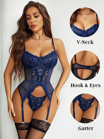 ランジェリー コルセット レースアップ ダークネイビー メッシュ レース ビスチェ ニーハイソックス付き