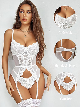 ランジェリー コルセット レースアップ ダークネイビー メッシュ レース ビスチェ ニーハイソックス付き