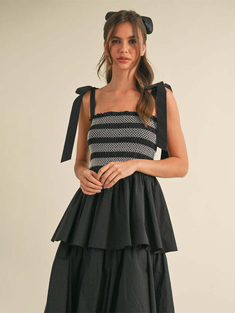 ティアードスモックサマードレス（女性用） - ボヘミアン風タイストラップロングAラインドレス - サマービーチパーティー2026