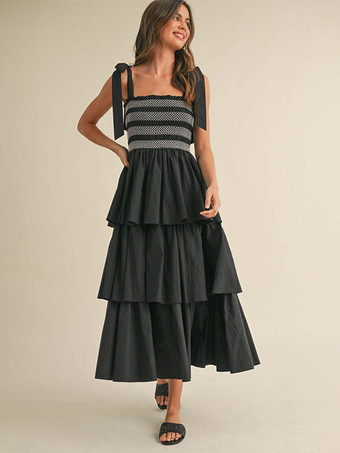 ティアードスモックサマードレス（女性用） - ボヘミアン風タイストラップロングAラインドレス - サマービーチパーティー2026