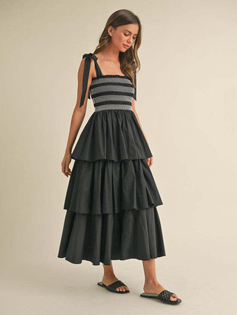 ティアードスモックサマードレス（女性用） - ボヘミアン風タイストラップロングAラインドレス - サマービーチパーティー2026