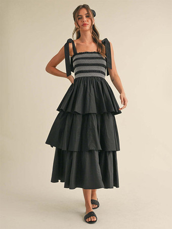 ブラック ティアードスモックサマードレス（女性用） - ボヘミアン風タイストラップロングAラインドレス - サマービーチパーティー2026