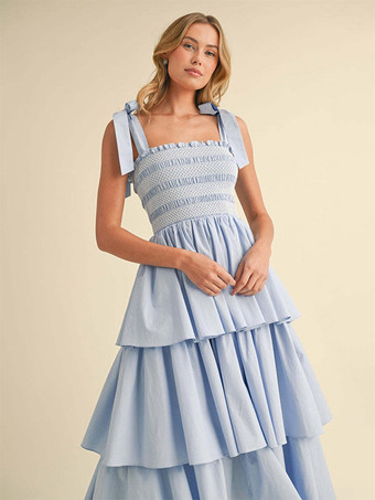 ティアードスモックサマードレス（女性用） - ボヘミアン風タイストラップロングAラインドレス - サマービーチパーティー2026