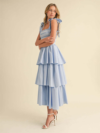 ティアードスモックサマードレス（女性用） - ボヘミアン風タイストラップロングAラインドレス - サマービーチパーティー2026