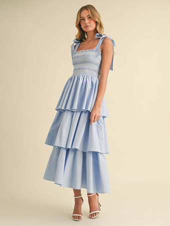 ティアードスモックサマードレス（女性用） - ボヘミアン風タイストラップロングAラインドレス - サマービーチパーティー2026