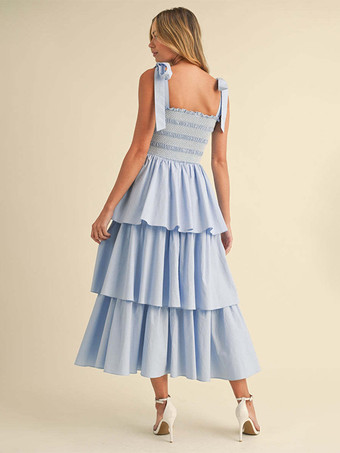 ティアードスモックサマードレス（女性用） - ボヘミアン風タイストラップロングAラインドレス - サマービーチパーティー2026