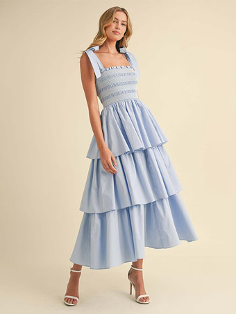 ブルー ティアードスモックサマードレス（女性用） - ボヘミアン風タイストラップロングAラインドレス - サマービーチパーティー2026