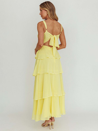 ティアードフリルマキシスリップドレス（女性用） - フェアリーコアスクエアネックタイバックAラインガウン - 夏のビーチウェディングゲスト 2026