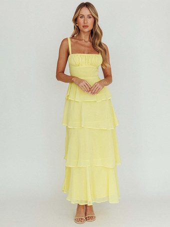 イエローティアードフリルマキシスリップドレス（女性用） - フェアリーコアスクエアネックタイバックAラインガウン - 夏のビーチウェディングゲスト 2026