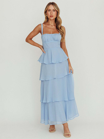 ティアードフリルマキシスリップドレス（女性用） - フェアリーコアスクエアネックタイバックAラインガウン - 夏のビーチウェディングゲスト 2026