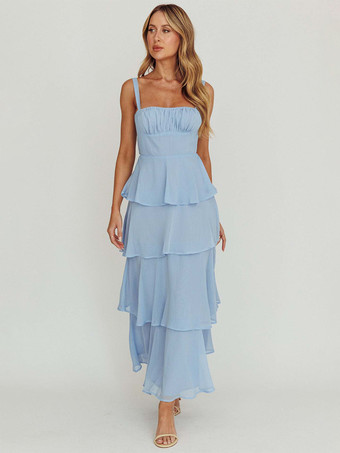 ブルー ティアードフリルマキシスリップドレス（女性用） - フェアリーコアスクエアネックタイバックAラインガウン - 夏のビーチウェディングゲスト 2026