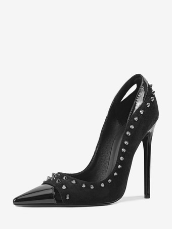 ブラック スエード素材のハイヒールパンプス、ポインテッドトゥ、リベット付き、レディース、スリッポンシューズ