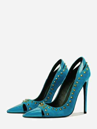 ティールスエード素材のハイヒールパンプス、ポインテッドトゥ、リベット付き、レディース、スリッポンシューズ
