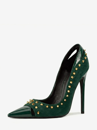 グリーン スエード素材のハイヒールパンプス、ポインテッドトゥ、リベット付き、レディース、スリッポンシューズ