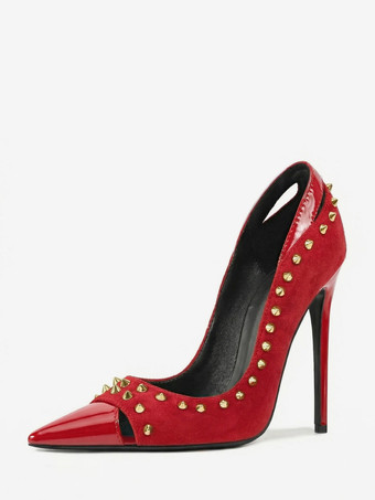 レッド スエード素材のハイヒールパンプス、ポインテッドトゥ、リベット付き、レディース、スリッポンシューズ