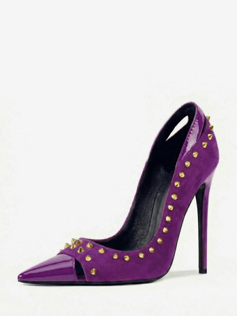 パープル スエード素材のハイヒールパンプス、ポインテッドトゥ、リベット付き、レディース、スリッポンシューズ