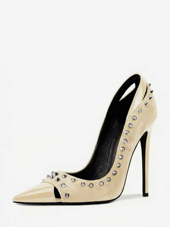 アプリコットスエード素材のハイヒールパンプス、ポインテッドトゥ、リベット付き、レディース、スリッポンシューズ