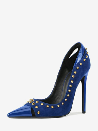 ブルー スエード素材のハイヒールパンプス、ポインテッドトゥ、リベット付き、レディース、スリッポンシューズ