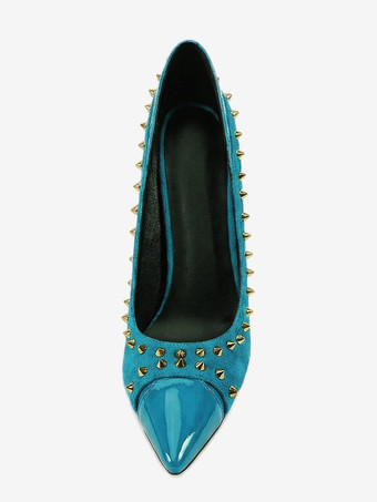 スエード素材のハイヒールパンプス、ポインテッドトゥ、リベット付き、レディース、スリッポンシューズ