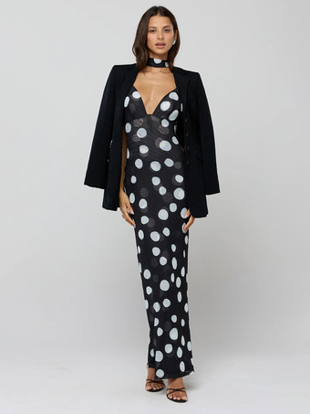 水玉模様のスリップマキシドレス（レディース） - ヴィンテージ風ディープVネック、背中開き、ボディコンロングドレス（スカーフ付き） - サマーパーティーナイト2026