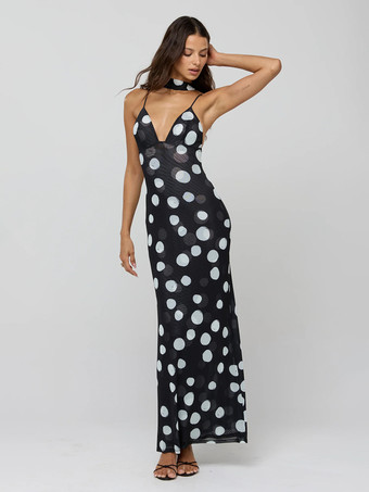 水玉模様のスリップマキシドレス（レディース） - ヴィンテージ風ディープVネック、背中開き、ボディコンロングドレス（スカーフ付き） - サマーパーティーナイト2026