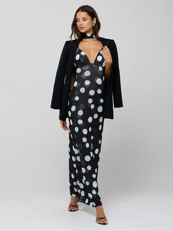 水玉模様のスリップマキシドレス（レディース） - ヴィンテージ風ディープVネック、背中開き、ボディコンロングドレス（スカーフ付き） - サマーパーティーナイト2026