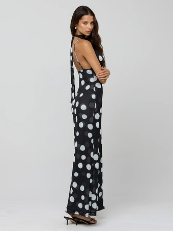 水玉模様のスリップマキシドレス（レディース） - ヴィンテージ風ディープVネック、背中開き、ボディコンロングドレス（スカーフ付き） - サマーパーティーナイト2026