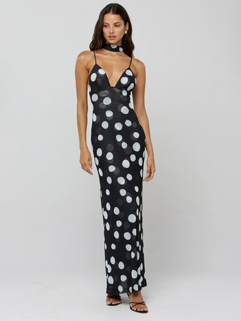 ブラック 水玉模様のスリップマキシドレス（レディース） - ヴィンテージ風ディープVネック、背中開き、ボディコンロングドレス（スカーフ付き） - サマーパーティーナイト2026