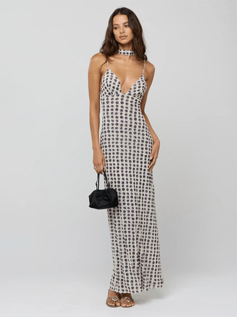 水玉模様のスリップマキシドレス（レディース） - ヴィンテージ風ディープVネック、背中開き、ボディコンロングドレス（スカーフ付き） - サマーパーティーナイト2026