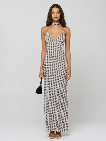 水玉模様のスリップマキシドレス（レディース） - ヴィンテージ風ディープVネック、背中開き、ボディコンロングドレス（スカーフ付き） - サマーパーティーナイト2026